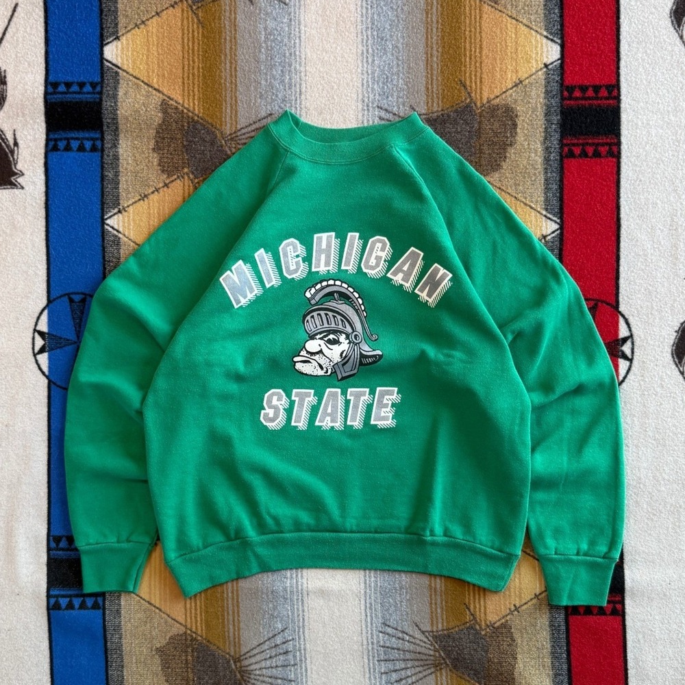Vintage Michigan State Spartans Sweatshirt Signal Green XL Made in USA Raglan